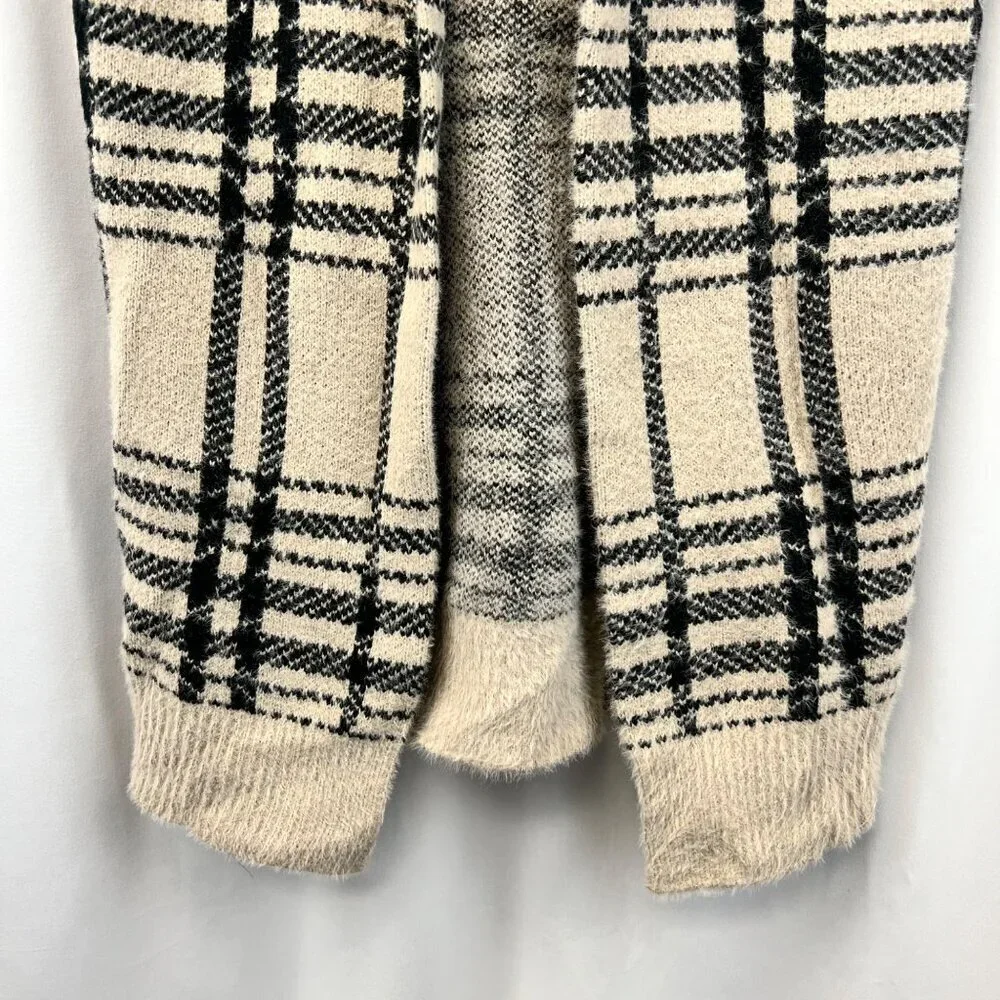 William Rast Sleeveless Collared Cardigan Beige/Black Plaid Size Small Fuzzy